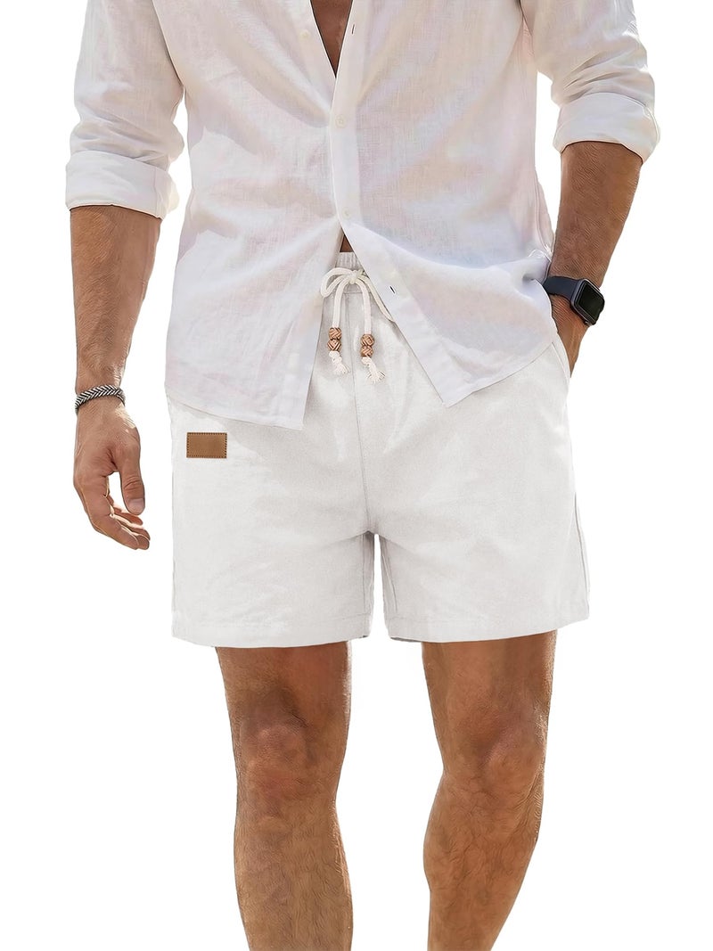 JMIERR Mens Linen Shorts 5 inch Cotton Lightweight Elastic Waist Drawstring Summer Vacation Beach Stretch Golf Dress Shorts with Pockets, M, 0 White - Image 1