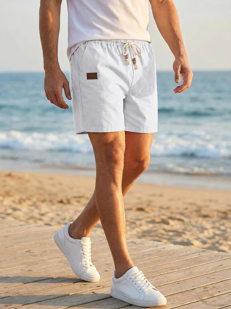 JMIERR Mens Linen Shorts 5 inch Cotton Lightweight Elastic Waist Drawstring Summer Vacation Beach Stretch Golf Dress Shorts with Pockets, M, 0 White - Image 2