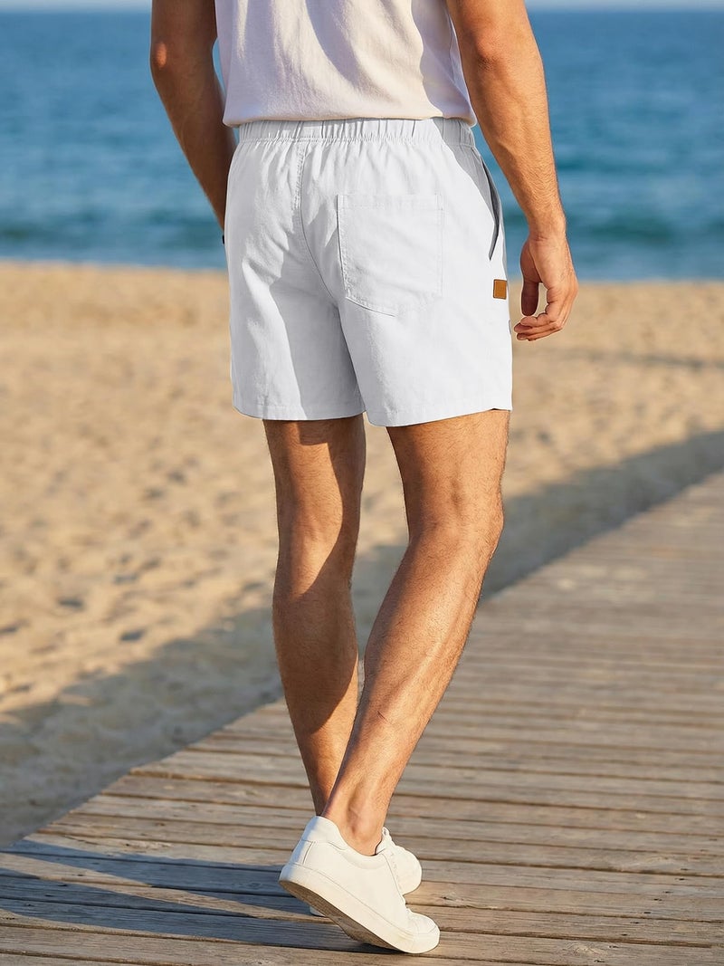JMIERR Mens Linen Shorts 5 inch Cotton Lightweight Elastic Waist Drawstring Summer Vacation Beach Stretch Golf Dress Shorts with Pockets, M, 0 White - Image 5