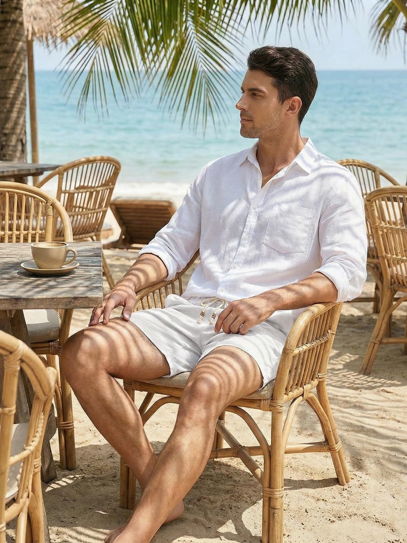 JMIERR Mens Linen Shorts 5 inch Cotton Lightweight Elastic Waist Drawstring Summer Vacation Beach Stretch Golf Dress Shorts with Pockets, M, 0 White - Image 3