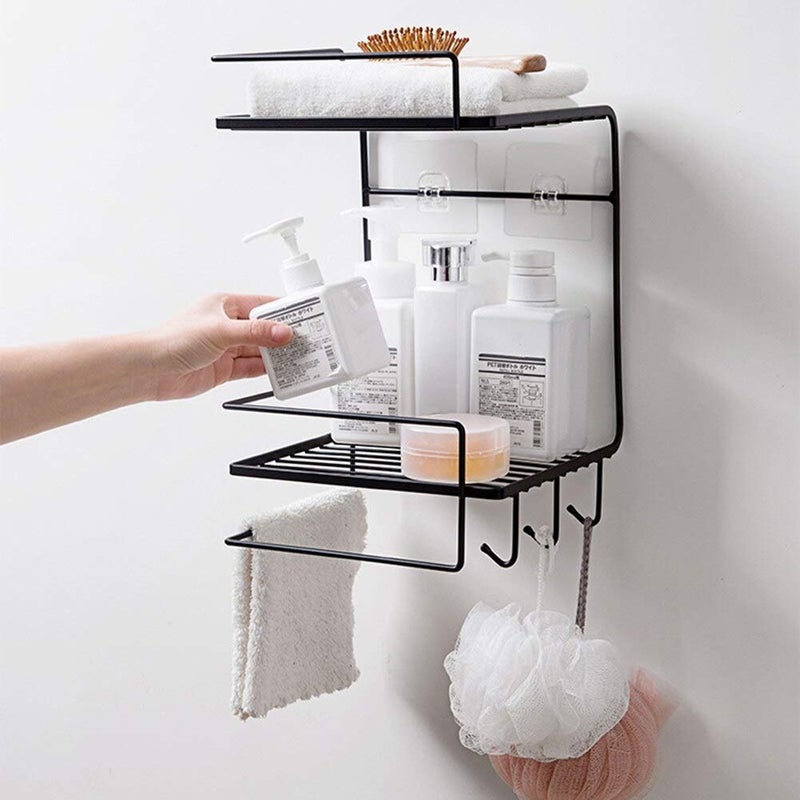 HOME CUBE Multipurpose Strong Magic Sticker Metal Powder Coated Wall Holder Broadside Storage Box Shower Rack Shelf with 3 Hook for Kitchen Bathroom -Black - Image 2