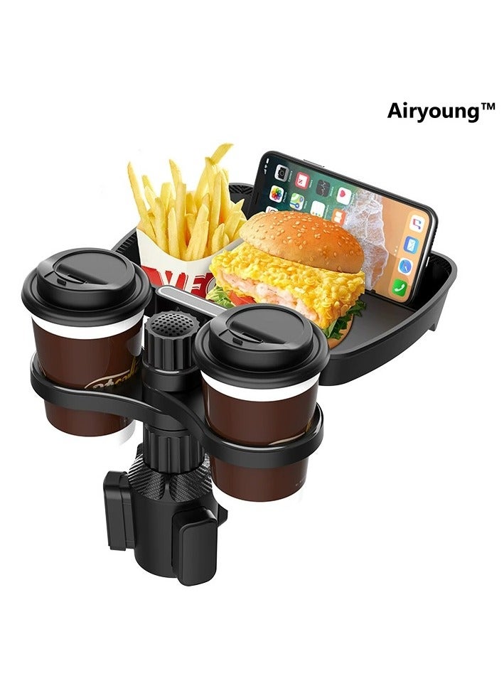 AirYoung موسع حامل أكواب السيارة مع صينية ، طاولة صينية طعام السيارة متعددة الوظائف ، فتحة هاتف وذراع دوار قابل للتعديل ، منظم سيارة مثالي لإكسسوارات السفر - Image 1