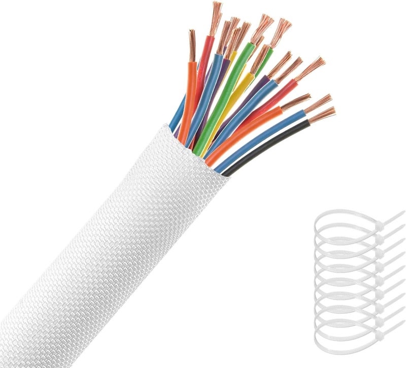 AGPTEK Cable Sleeve Cover, 10ft - 4/5inch, with 10 Fastening Cable Ties, Cord Management for Home Office Desk PC TV Computer Automotive Wire Loom Tubing Cord Protection Self-Wrapping, White - Image 1