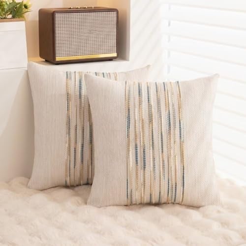 WANLIRD Boho Throw Pillow Covers 18x18 Set of 2 Farmhouse Decorative Cushion Case Striped Square Pillows Cover Chenille Pillow Cases Accent Neutral Pillowcase for Sofa Couch Bed,Yellow-Blue - Image 4