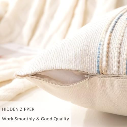 WANLIRD Boho Throw Pillow Covers 18x18 Set of 2 Farmhouse Decorative Cushion Case Striped Square Pillows Cover Chenille Pillow Cases Accent Neutral Pillowcase for Sofa Couch Bed,Yellow-Blue - Image 3