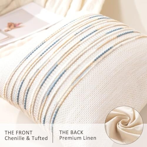 WANLIRD Boho Throw Pillow Covers 18x18 Set of 2 Farmhouse Decorative Cushion Case Striped Square Pillows Cover Chenille Pillow Cases Accent Neutral Pillowcase for Sofa Couch Bed,Yellow-Blue - Image 2