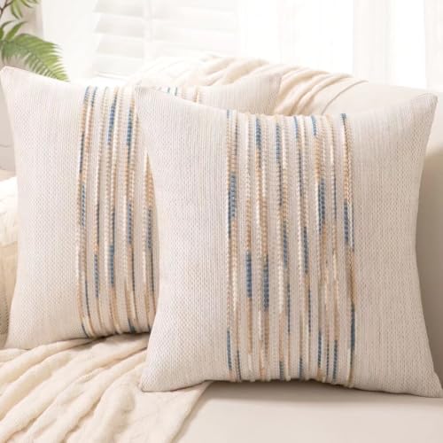 WANLIRD Boho Throw Pillow Covers 18x18 Set of 2 Farmhouse Decorative Cushion Case Striped Square Pillows Cover Chenille Pillow Cases Accent Neutral Pillowcase for Sofa Couch Bed,Yellow-Blue - Image 1