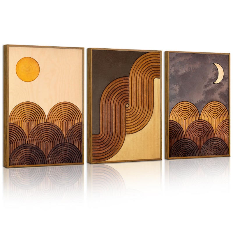 Tinonedraw Mid Century Modern Framed Canvas Wall Art Set, Boho Minimalist Geometric Arch Wall Decor, Bohemian Sun and Moon Art Paintings, Beige Brown Wooden Artwork for Living Room Bedroom 16"x24"x3 - Image 1