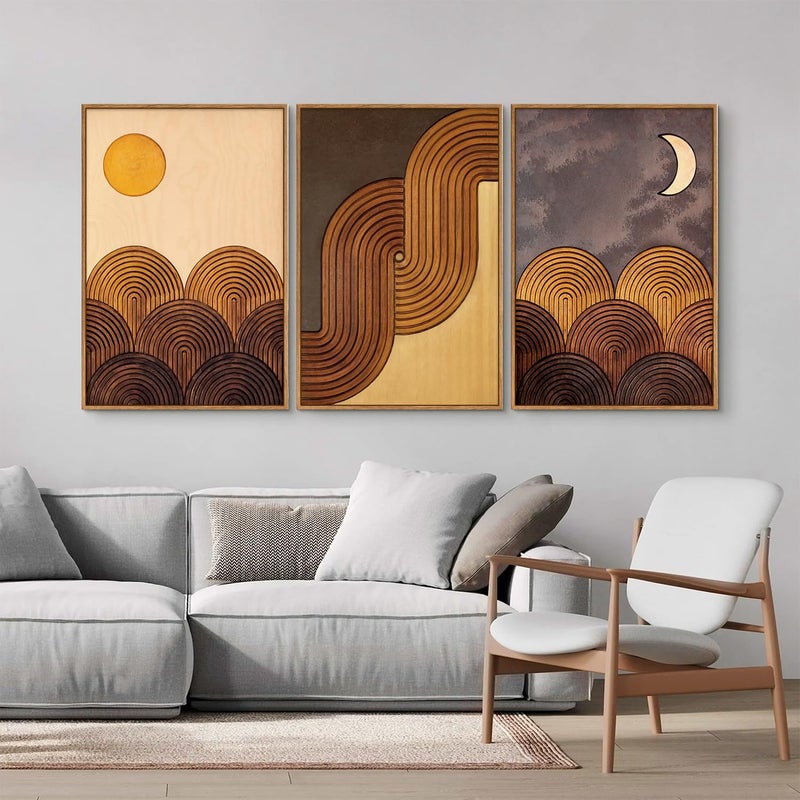 Tinonedraw Mid Century Modern Framed Canvas Wall Art Set, Boho Minimalist Geometric Arch Wall Decor, Bohemian Sun and Moon Art Paintings, Beige Brown Wooden Artwork for Living Room Bedroom 16"x24"x3 - Image 3