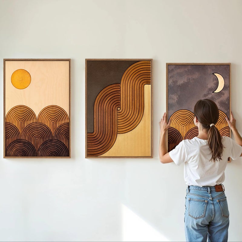 Tinonedraw Mid Century Modern Framed Canvas Wall Art Set, Boho Minimalist Geometric Arch Wall Decor, Bohemian Sun and Moon Art Paintings, Beige Brown Wooden Artwork for Living Room Bedroom 16"x24"x3 - Image 2