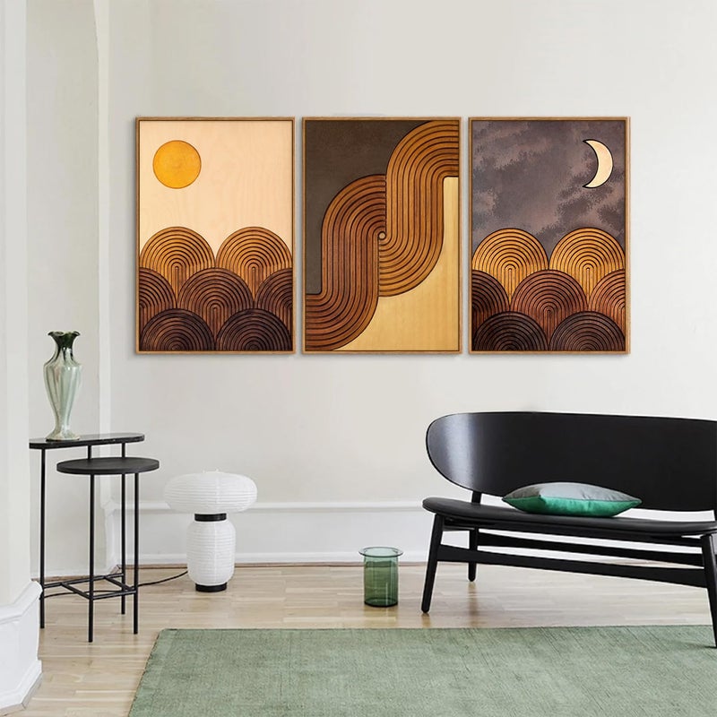Tinonedraw Mid Century Modern Framed Canvas Wall Art Set, Boho Minimalist Geometric Arch Wall Decor, Bohemian Sun and Moon Art Paintings, Beige Brown Wooden Artwork for Living Room Bedroom 16"x24"x3 - Image 5