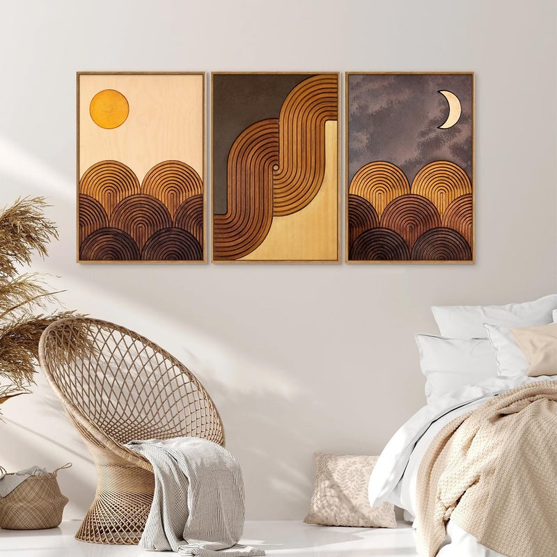Tinonedraw Mid Century Modern Framed Canvas Wall Art Set, Boho Minimalist Geometric Arch Wall Decor, Bohemian Sun and Moon Art Paintings, Beige Brown Wooden Artwork for Living Room Bedroom 16"x24"x3 - Image 4