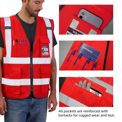 Dib Safety Reflective Vest High Visibility with Pockets and Zipper, Red M - Image 4