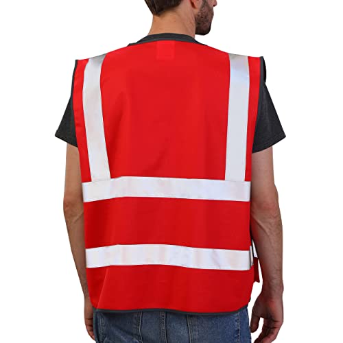 Dib Safety Reflective Vest High Visibility with Pockets and Zipper, Red M - Image 2