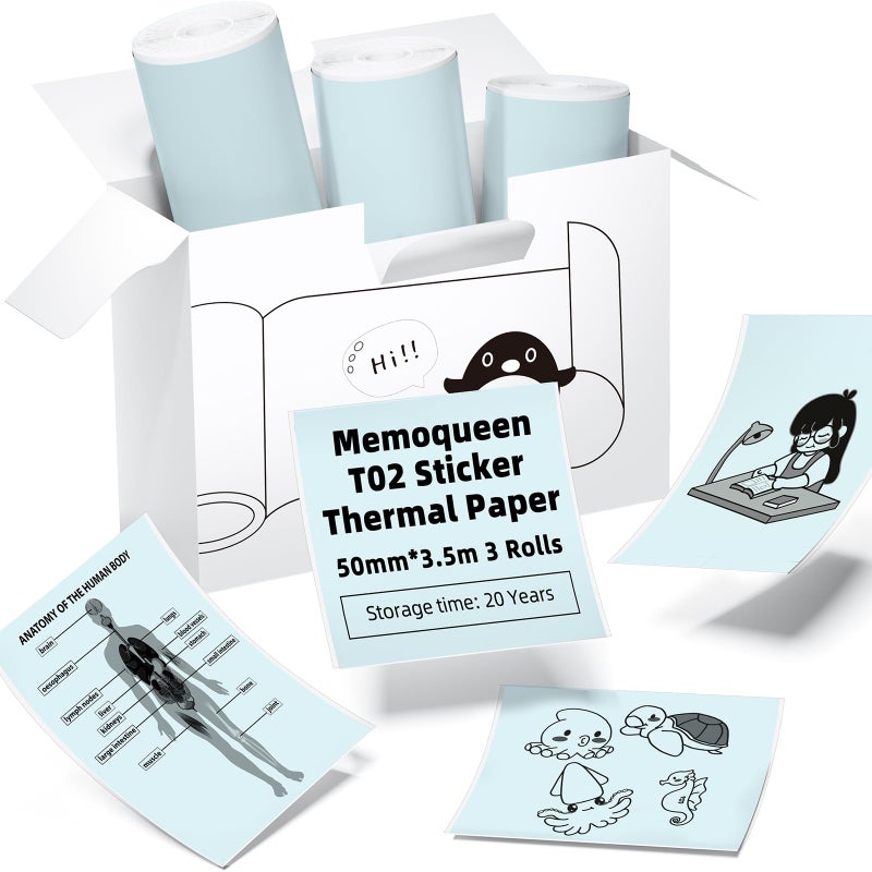 Memoqueen T02 Non-Adhesive Color Thermal Paper Printer, Pink/Yellow/Blue Thermal Paper Compatible with T02 Q02, 2.08" x 21.3' (53mmx 6.5m/roll), Black Text, Keep for 5 Years, 3 Rolls - Image 1