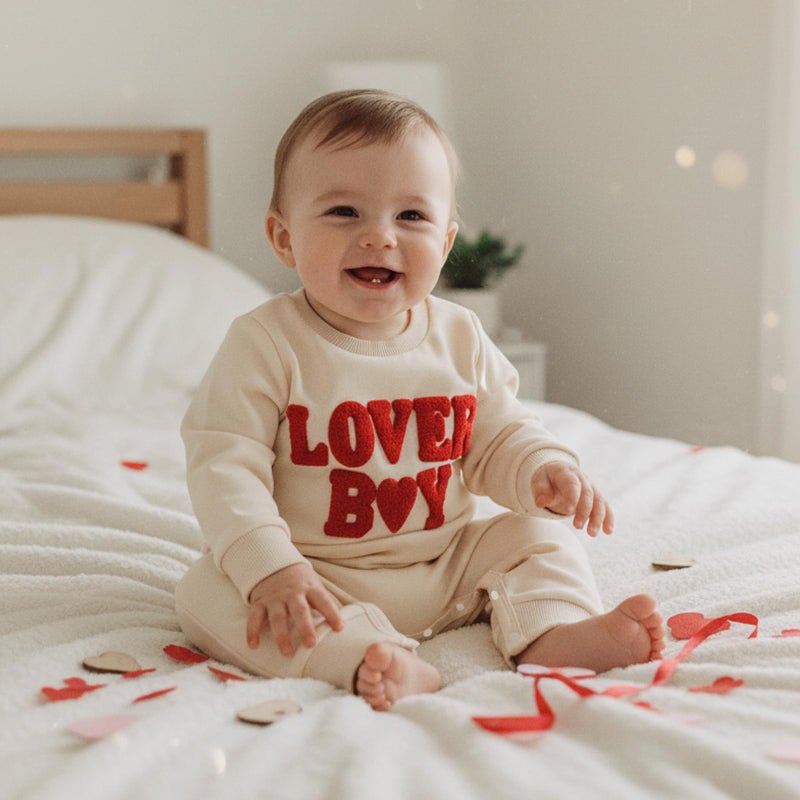 Rourufy Baby Boy Valentines Outfit Newborn One Piece Jumpsuit Long Sleeve Onesie Infant Cute Romper Spring Fall Clothes (A Lover Boy Beige, 12-18 Months) - Image 2