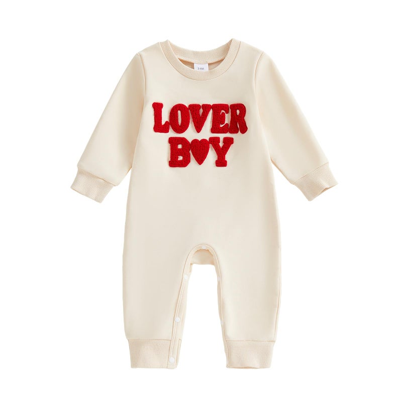 Rourufy Baby Boy Valentines Outfit Newborn One Piece Jumpsuit Long Sleeve Onesie Infant Cute Romper Spring Fall Clothes (A Lover Boy Beige, 12-18 Months) - Image 1