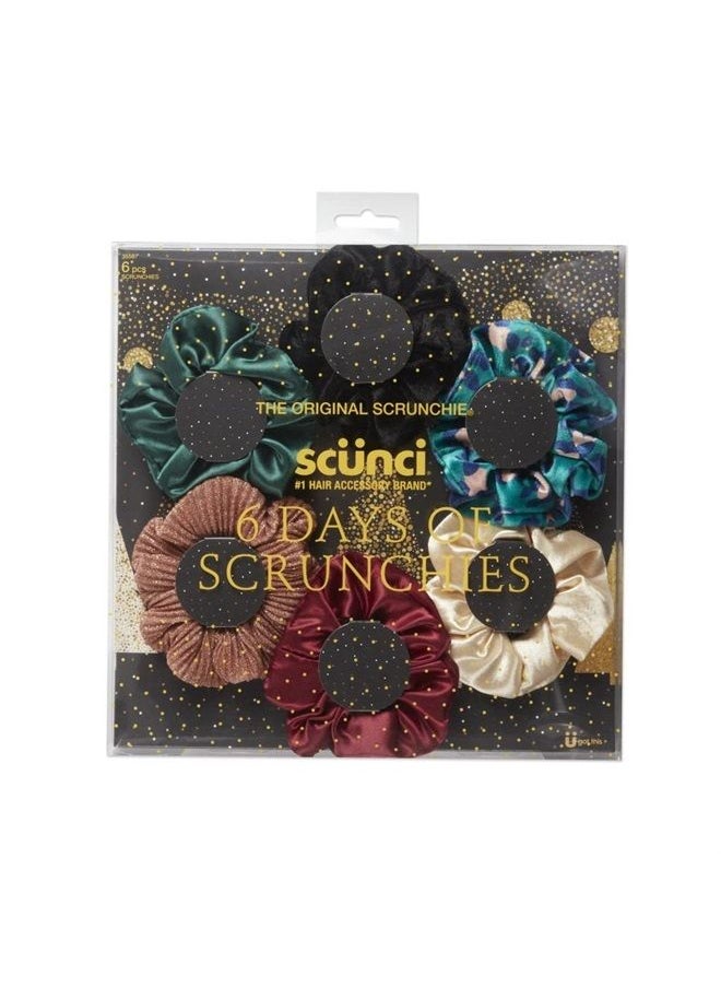 Scunci The Original Scrunchie® Six Days of Scrunchies Fashion Gift Set Includes 6 Unique Designs: Black Velvet, Emerald Satin, Animal Velvet, Burgundy Satin, Pink Metallic, White Satin in Presentation Box  - Image 1