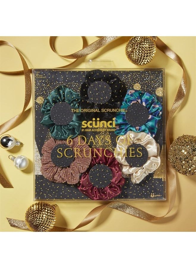 Scunci The Original Scrunchie® Six Days of Scrunchies Fashion Gift Set Includes 6 Unique Designs: Black Velvet, Emerald Satin, Animal Velvet, Burgundy Satin, Pink Metallic, White Satin in Presentation Box  - Image 4