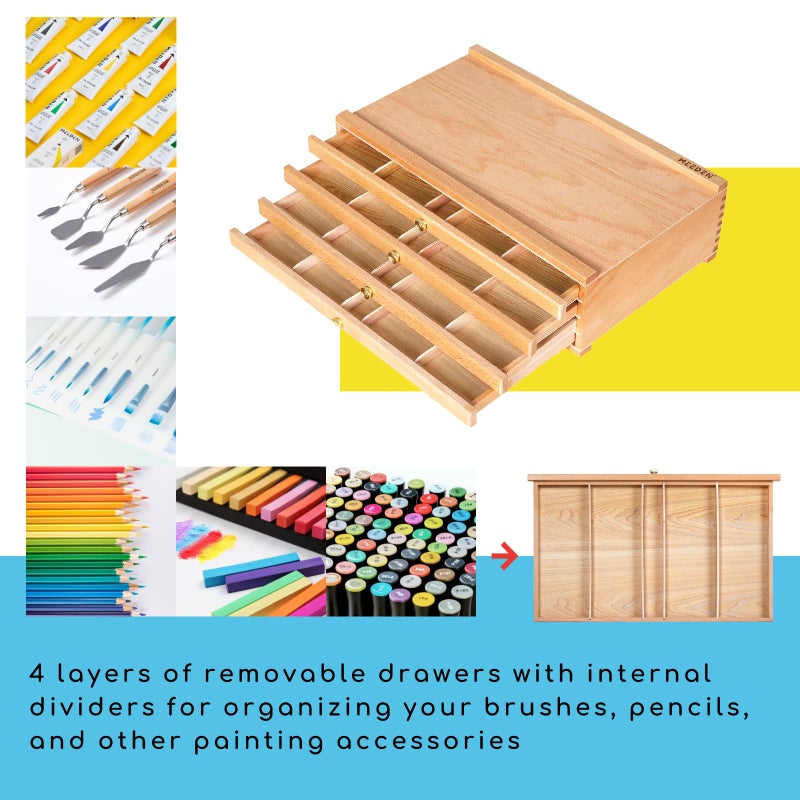 MEEDEN 4-Drawer Artist Supply Storage Box - Portable Foldable Multi-Function Beech Wood Artist Pencil & Brush Storage Box with Drawer & Compartments for Pastels, Pencils, Pens, Brushes, Stamp - Image 4