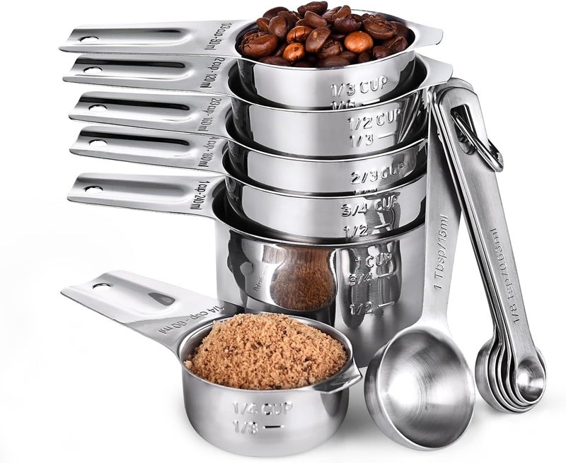 U-Taste Low maintenance Measuring Cups and Spoons Set: 18/8 Stainless Steel Measuring Cups 12 Piece, Kitchen Utensils for Cooking Baking, 6 Metal Measure Cups & 6 Measuring Spoons with 2 D-Rings Wide use selected material - Image 1