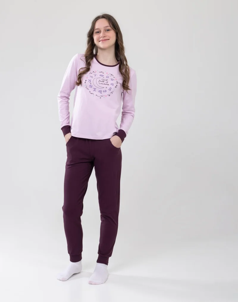Baykar Girls Cotton Printed Crew Neck Long Sleeve Cuffed Pajama Set 9237 Lilac