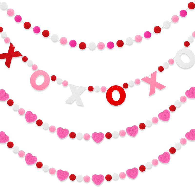 Jansun 4Pcs Valentine's Day Garlands Ball Felt Heart Pompom Garland Decorations Banner for Valentine's Day Party Home Indoor Outdoor Fireplace Mantle Room Hanging Decoration - Image 1