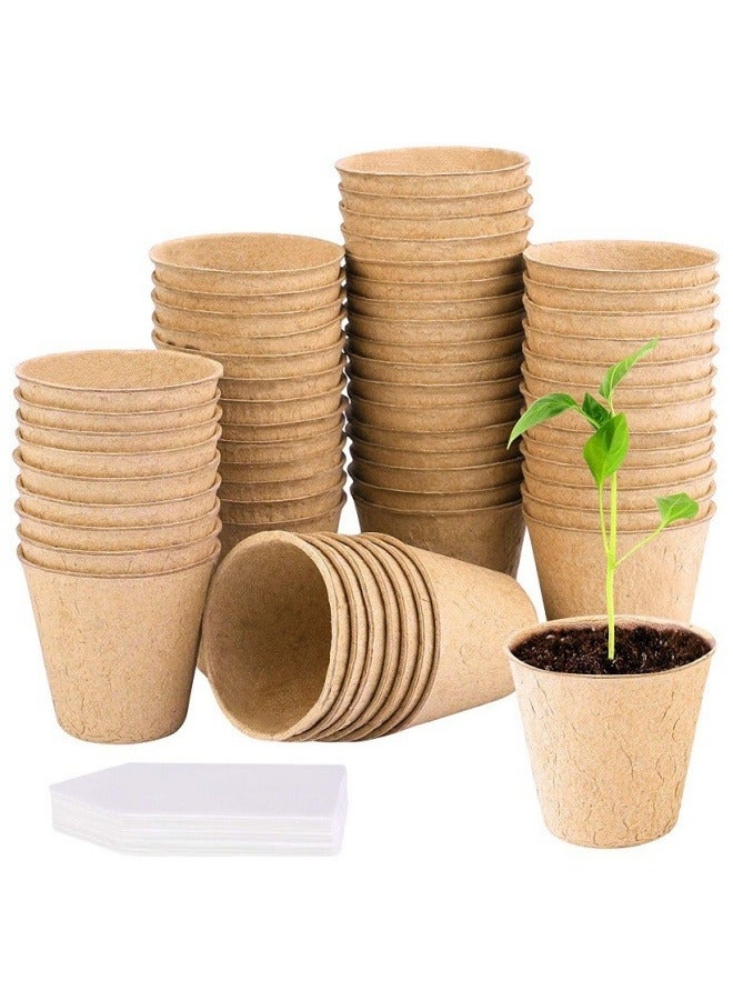 50Pcs 3.1 Inch Pots with 50Pcs Plant Labels, Biodegradable Pots for Seedlings with Drainage Holes, Garden Plant Nursery Pots Seed Starting Trays - Image 1