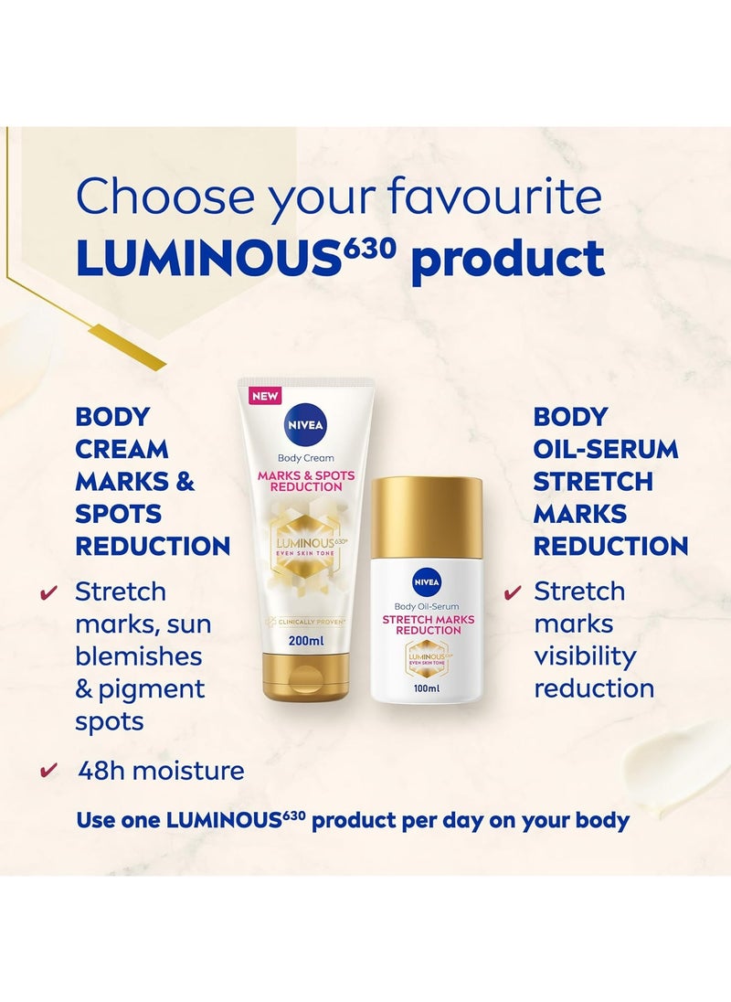 NIVEA LUMINOUS 630 Stretch Marks Reduction Body Oil-Serum, Even Skin Tone, Reduces Visibility of Stretch Marks, Visible Results in 2 Weeks, 48H Moisture, Clinically Proven, for All Skin Types, 100ml