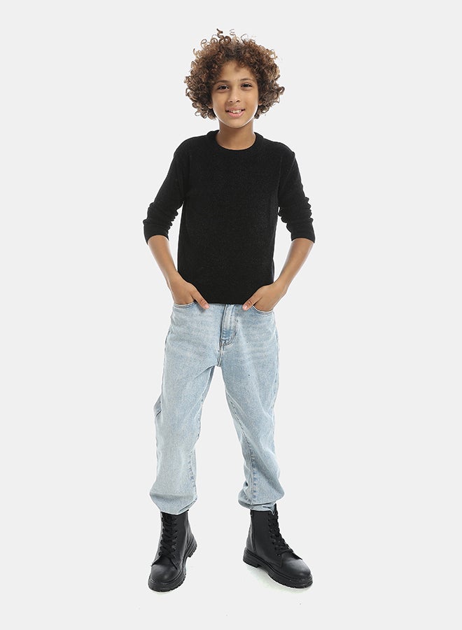 Andora Velvet Round Collar Long Sleeves Plain Pullover-Black - Image 4