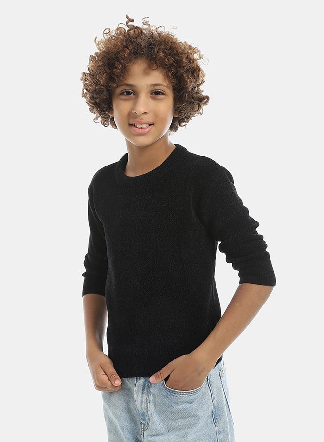 Andora Velvet Round Collar Long Sleeves Plain Pullover-Black - Image 2