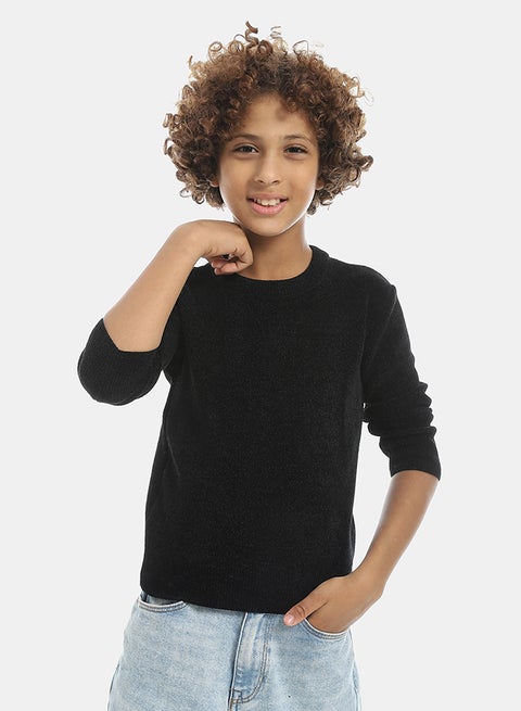 Velvet Round Collar Long Sleeves Plain Pullover-Black