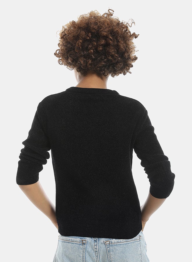 Andora Velvet Round Collar Long Sleeves Plain Pullover-Black - Image 3