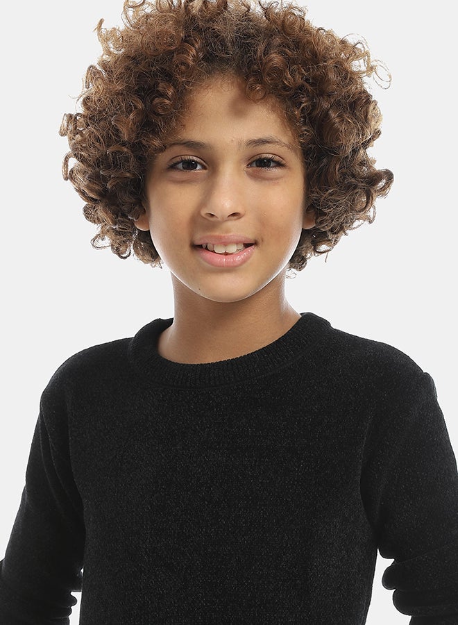 Andora Velvet Round Collar Long Sleeves Plain Pullover-Black - Image 5