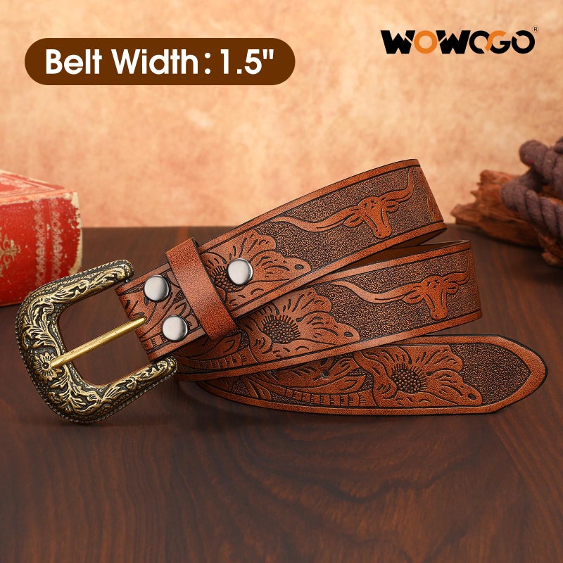 WOWOGO Western Cowgirl Belts for Women Country Cowboy Vintage Leather Engraved Buckle Belt for Jeans Dresses - Image 4