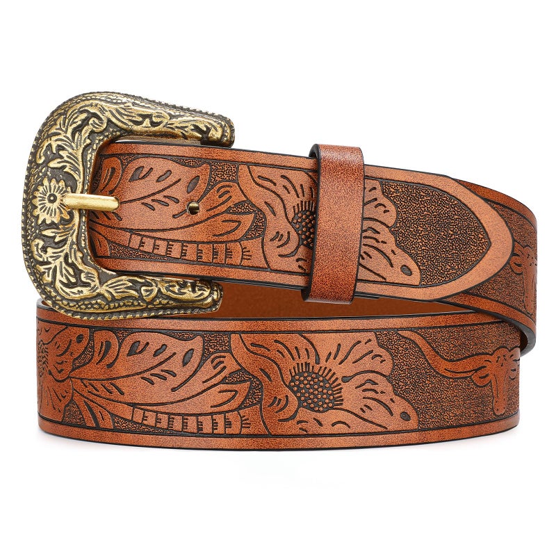 WOWOGO Western Cowgirl Belts for Women Country Cowboy Vintage Leather Engraved Buckle Belt for Jeans Dresses - Image 1
