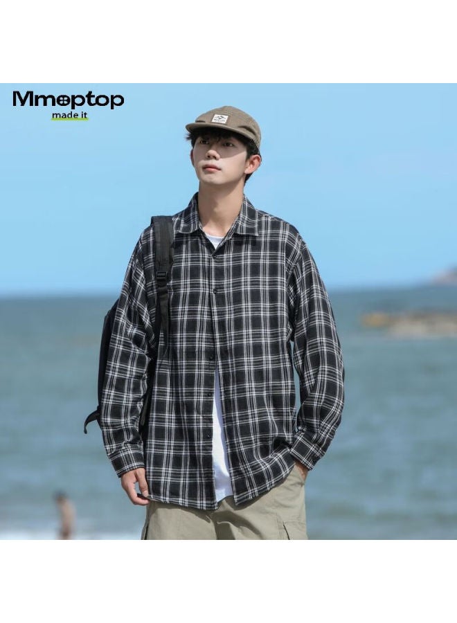 Mmoptop American-style Trendy Retro Plaid Shirt Jacket For Men, Spring And Autumn Loose Casual Outerwear 2376 Black 3XL - Image 3