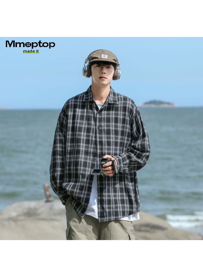 Mmoptop American-style Trendy Retro Plaid Shirt Jacket For Men, Spring And Autumn Loose Casual Outerwear 2376 Black 3XL - Image 1