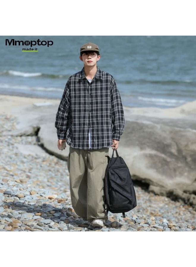 Mmoptop American-style Trendy Retro Plaid Shirt Jacket For Men, Spring And Autumn Loose Casual Outerwear 2376 Black 3XL - Image 5