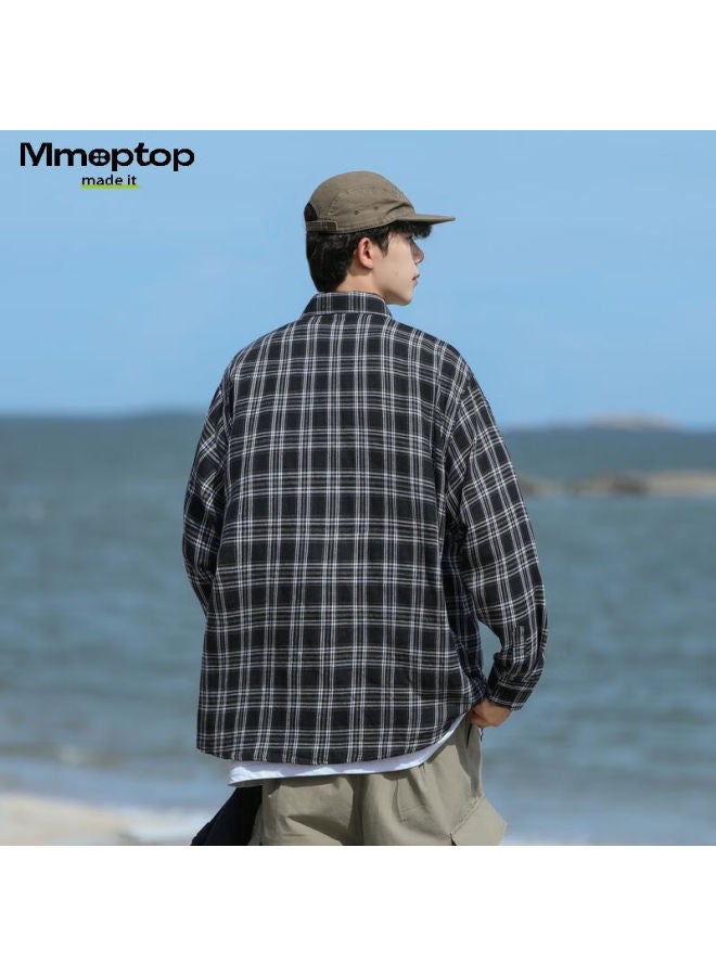 Mmoptop American-style Trendy Retro Plaid Shirt Jacket For Men, Spring And Autumn Loose Casual Outerwear 2376 Black 3XL - Image 2