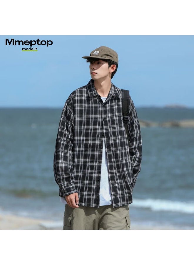 Mmoptop American-style Trendy Retro Plaid Shirt Jacket For Men, Spring And Autumn Loose Casual Outerwear 2376 Black 3XL - Image 4