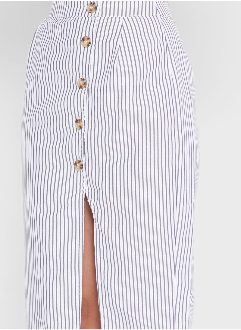 Front Split Striped Button Detail Skirt