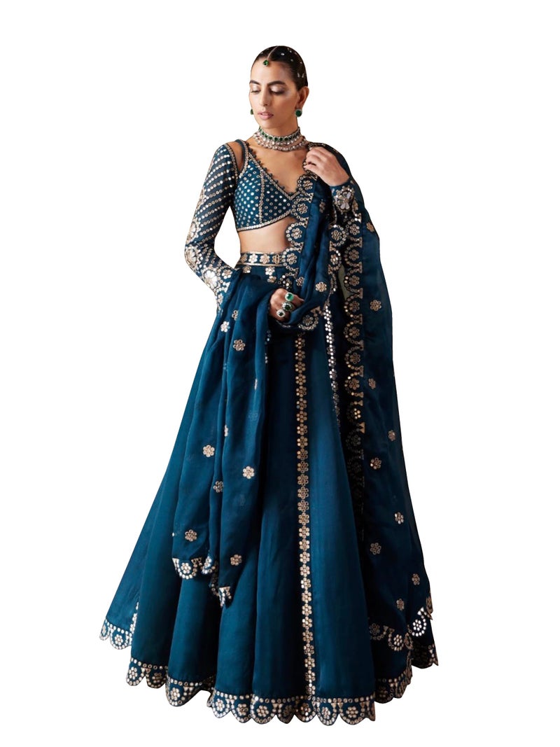 TRENDMALLS Women's Art Silk Embroidery work Lehenga Choli with Dupatta - (L296-SemiStitch Teal Blue) - Image 1