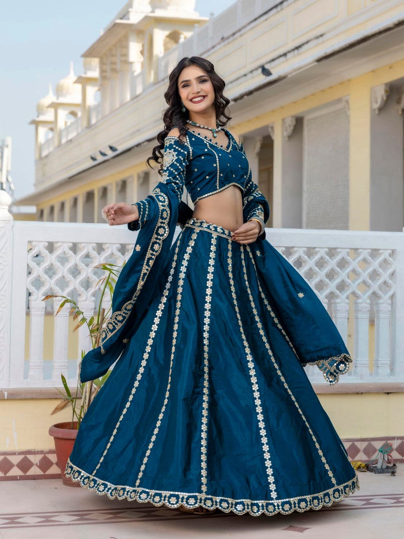 TRENDMALLS Women's Art Silk Embroidery work Lehenga Choli with Dupatta - (L296-SemiStitch Teal Blue) - Image 4