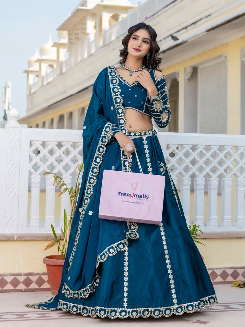 TRENDMALLS Women's Art Silk Embroidery work Lehenga Choli with Dupatta - (L296-SemiStitch Teal Blue) - Image 3