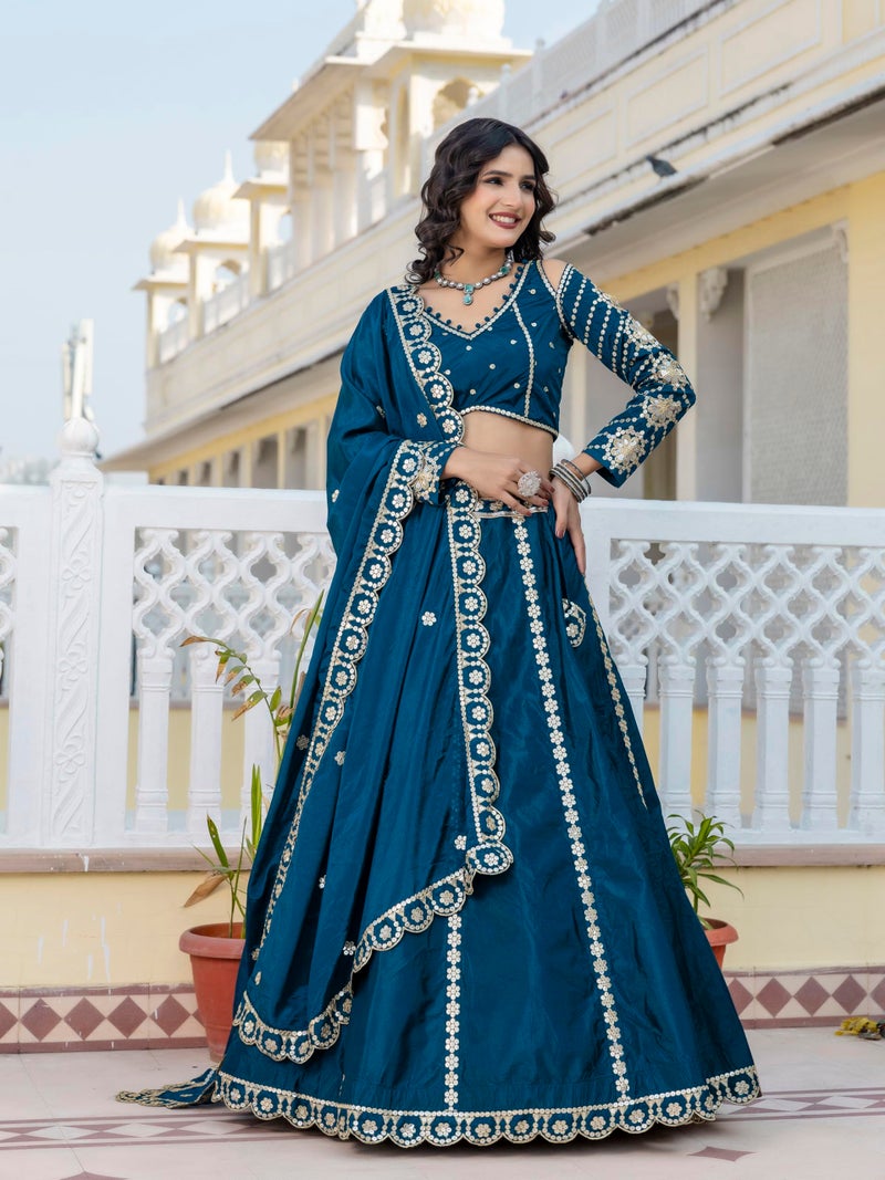 TRENDMALLS Women's Art Silk Embroidery work Lehenga Choli with Dupatta - (L296-SemiStitch Teal Blue) - Image 5