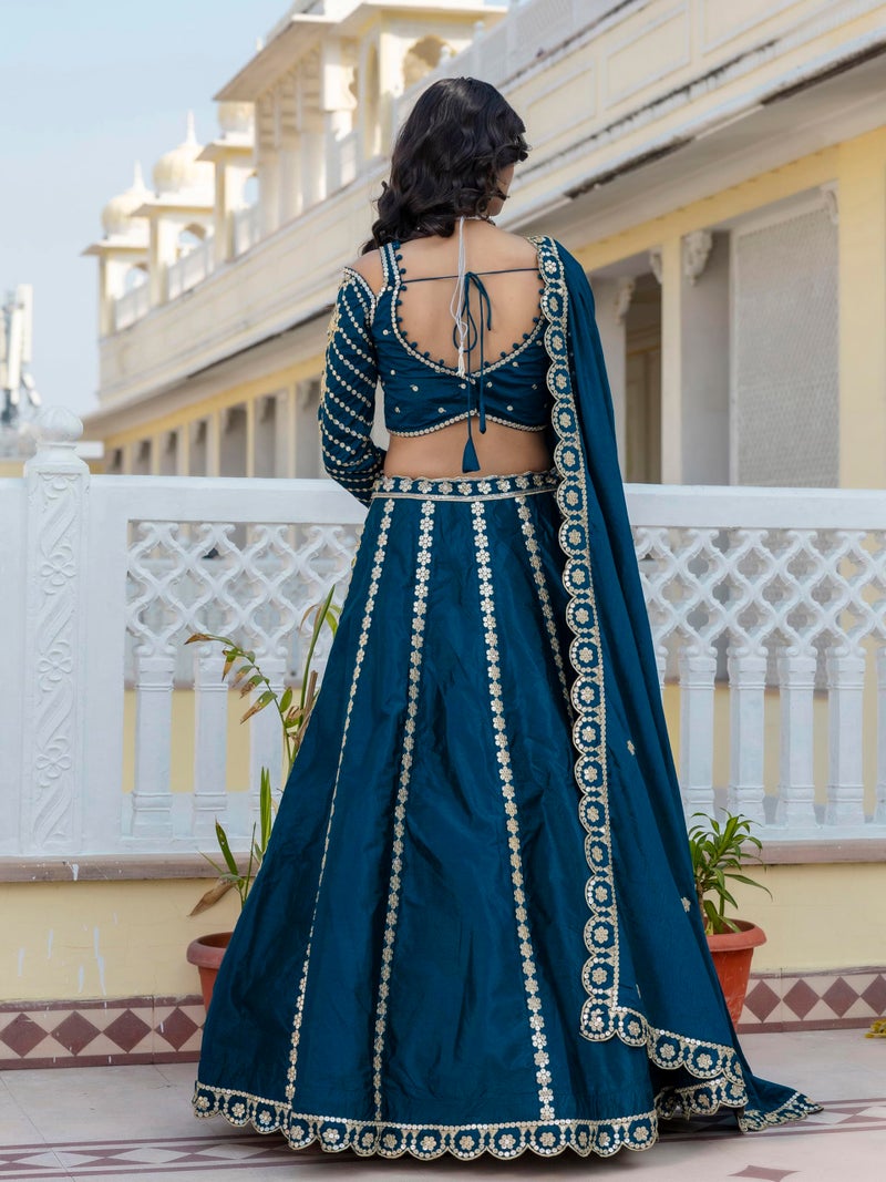 TRENDMALLS Women's Art Silk Embroidery work Lehenga Choli with Dupatta - (L296-SemiStitch Teal Blue) - Image 2