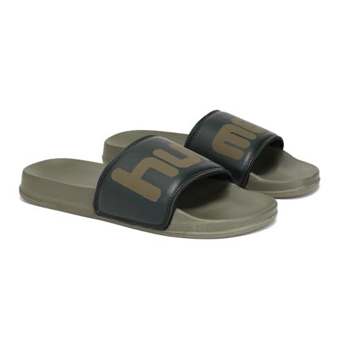 hummel CHUNK MEN SLIDERS Comfortable Cushioned Sole Arch Support Durable Lightweight Flexible Trendy Style Flip flops and Slippers Slides for Men Daily use Chappal - UK 10 Olive/Green - Image 1