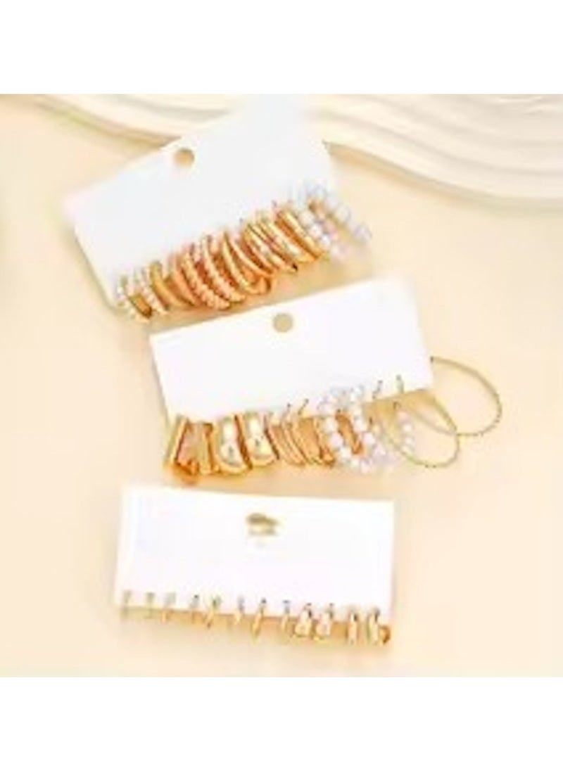 Huitich Elegant 18 Pcs Gold Colour Hoop & Pearl Earring Set  - Image 3