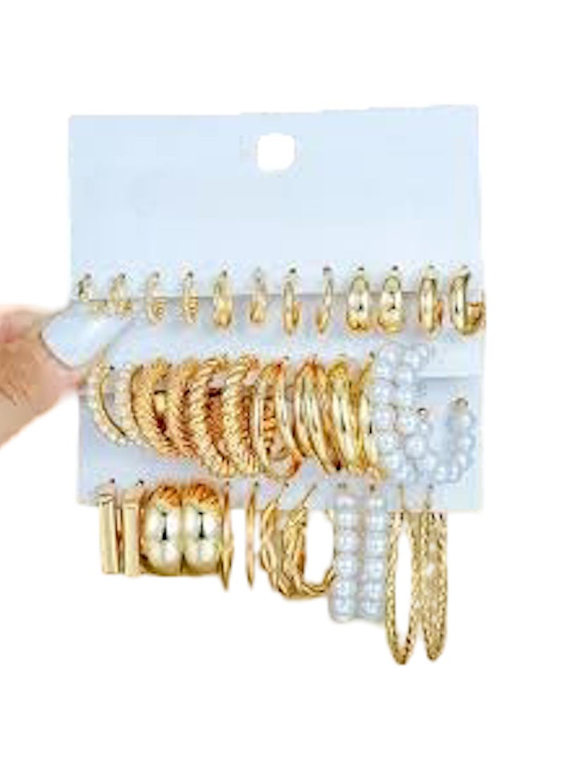 Huitich Elegant 18 Pcs Gold Colour Hoop & Pearl Earring Set  - Image 1
